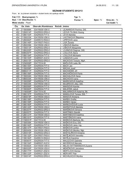 seznam studenti - ZÃ¡padoÄeskÃ¡ univerzita v Plzni