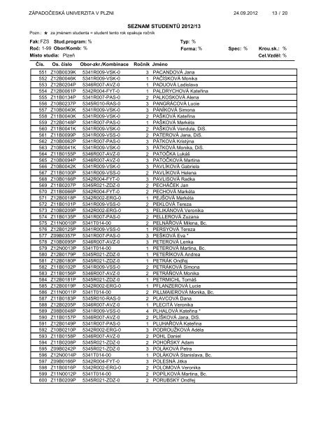 seznam studenti - ZÃ¡padoÄeskÃ¡ univerzita v Plzni