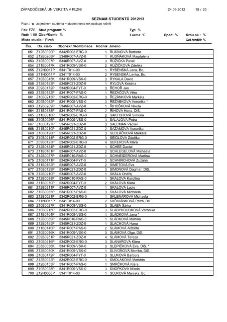 seznam studenti - ZÃ¡padoÄeskÃ¡ univerzita v Plzni