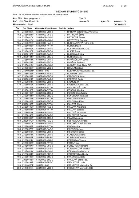 seznam studenti - ZÃ¡padoÄeskÃ¡ univerzita v Plzni