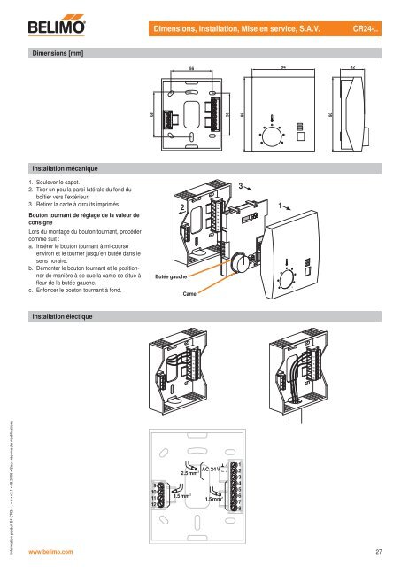 Dimensions, Installation, Mise en service, S.A.V. CR24-.. 1 2 3 - Belimo