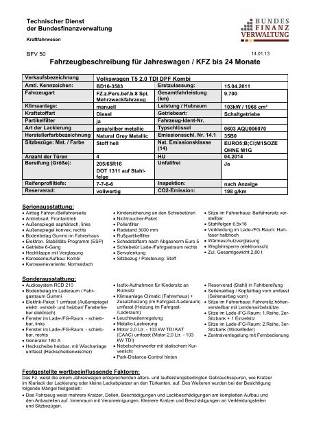 Fahrzeugbeschreibung - Zoll-Auktion