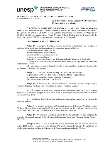 Resolução Unesp No. 43/2013 - Vestibular Unesp