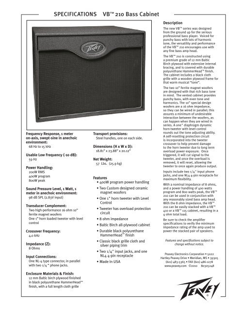 Specifications Vba 210 Bass Cabinet Peavey