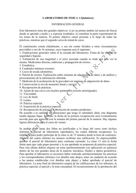 LABORATORIO DE FISICA 1 (QuÃ­micos) INFORMACION GENERAL ...