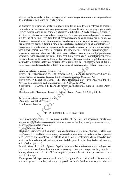 LABORATORIO DE FISICA 1 (QuÃ­micos) INFORMACION GENERAL ...