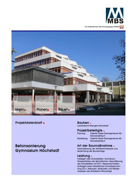 Projektdatenblatt Betonsanierung Gymnasium Höchstadt - Mauss