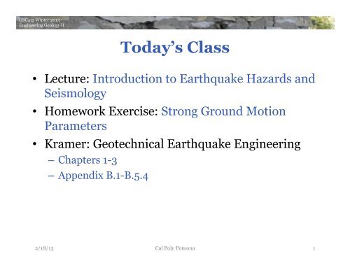 Lecture: Introduction to Seismology and Ground Motion Parameters