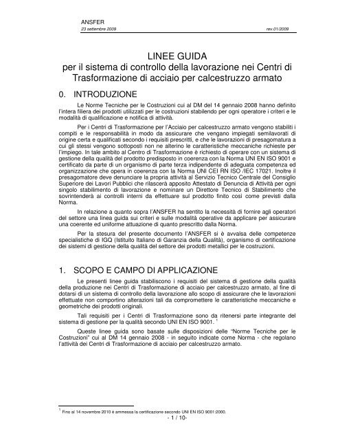 LINEE GUIDA per il sistema di controllo della lavorazione ... - ANSFER