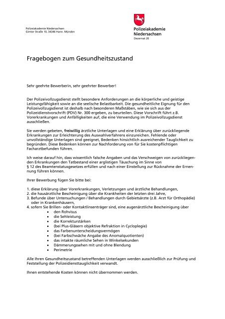 Gesundheitsfragebogen - Polizeiakademie Niedersachsen