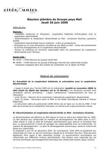 Compte rendu de la rÃ©union du groupe-pays Mali - CitÃ©s Unies France