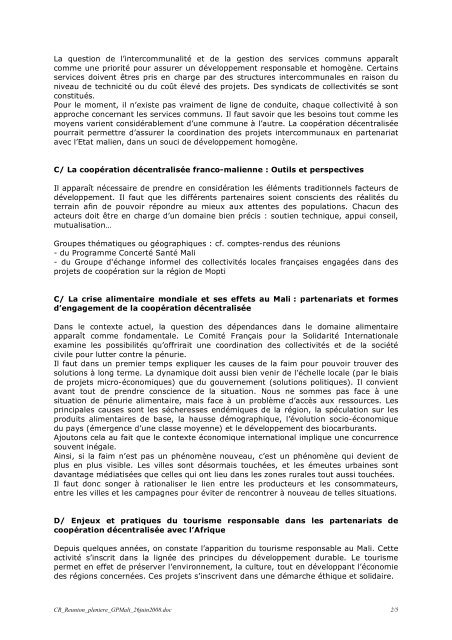 Compte rendu de la rÃ©union du groupe-pays Mali - CitÃ©s Unies France