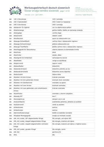 Werkzeugwörterbuch deutsch slowenisch Slovar ... - SLOVARJI.INFO