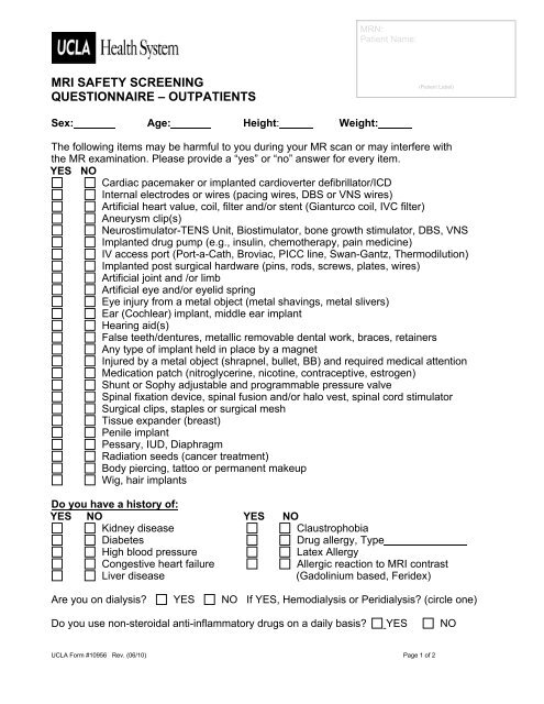 Mri Safety Screening Questionnaire
