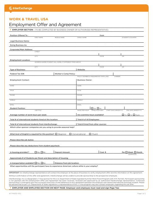 Employment Agreement Form - InterExchange