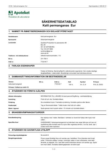 SÃKERHETSDATABLAD Kalii permanganas Eur - Apoteket