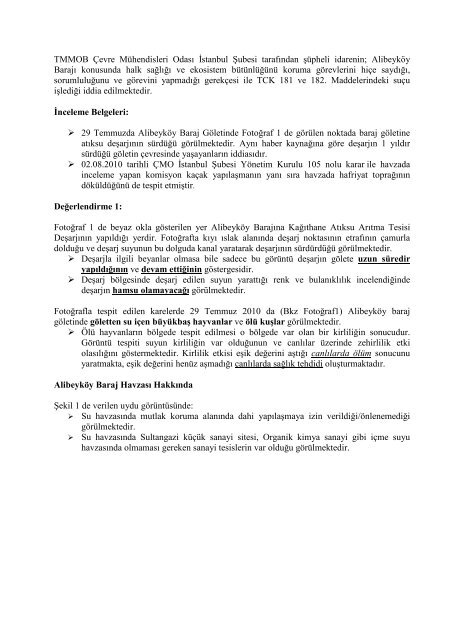 alibeyköy barajı inceleme ve değerlendirme raporu - Çevre ...