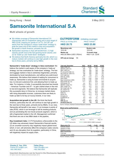 Samsonite International SA - Standard Chartered Bank - Research