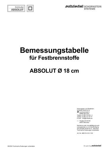 Bemessungstabelle für Festbrennstoffe ABSOLUT Ø 18