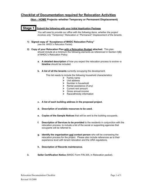 Checklist of Documentation required for Relocation Activities