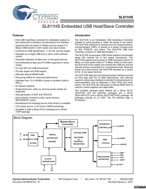 SL811HS Embedded USB Host/Slave Controller
