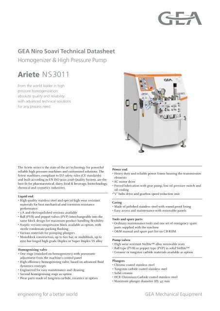 GEA Niro Soavi Ariete NS3011 Tech Sheets ENG Rev05 2012