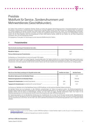 Preisliste Mobilfunk für Service ... - Deutsche Telekom