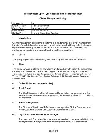 Claims Management Policy - 121KB [PDF] - Newcastle Hospitals