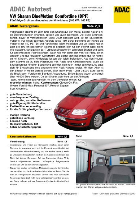 Umfassender Test VW Sharan BlueMotion Comfortline (DPF) - ADAC