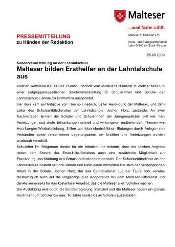 PRESSEMITTEILUNG zu Händen der Redaktion - Malteser Wetzlar