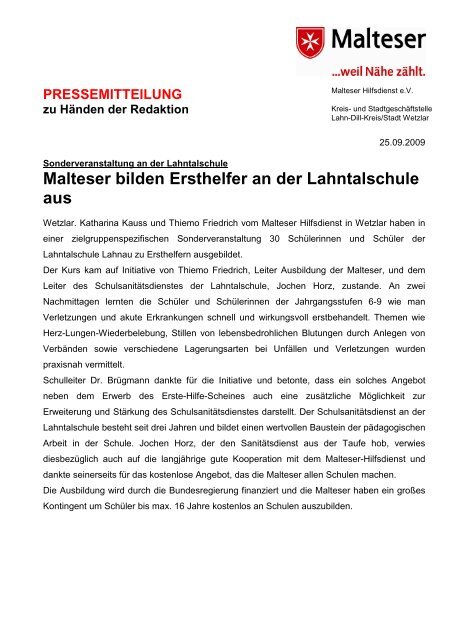 PRESSEMITTEILUNG zu Händen der Redaktion - Malteser Wetzlar