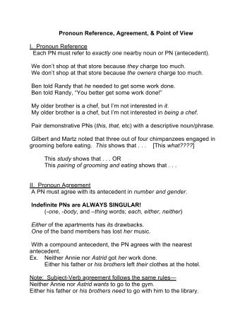 Pronoun Reference, Agreement, & Point of View I. Pronoun ...