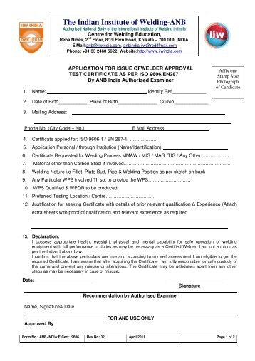 to download Application Form in Pdf - The Indian Institute of Welding