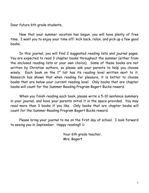 Dear Future 6th Grade Students Open Door Christian Academy