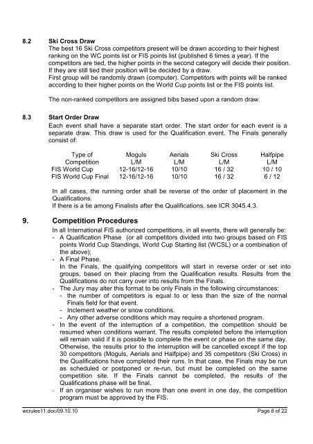 RULES FOR THE FIS FREESTYLE SKI WORLD CUP