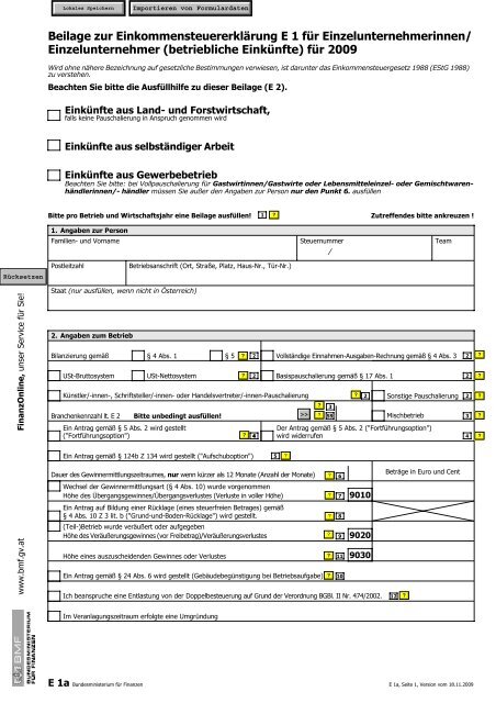 Mehr Als 8 Stunden Außer Haus Steuererklärung Formular Pdf E1a - Beilage zur EinkommensteuererklÃ¤rung E 1 fÃ¼r
