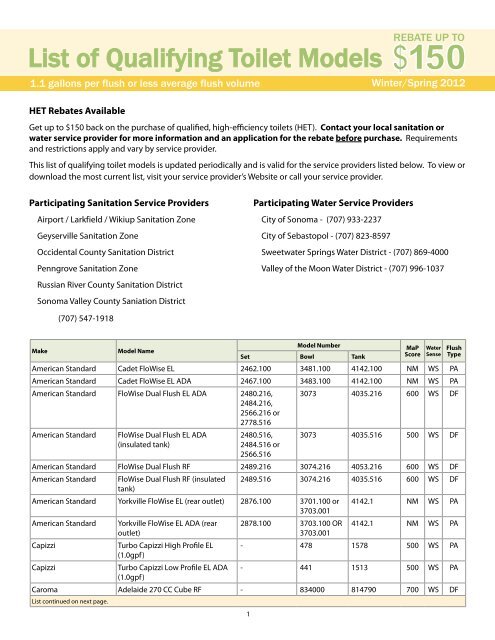 View List Of Qualifying Toilet Models Sonoma County Water Agency