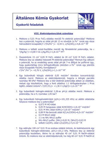 Általános Kémia Gyakorlat Gyakorló feladatok