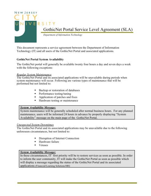 Gothicnet Portal Service Level Agreement Sla