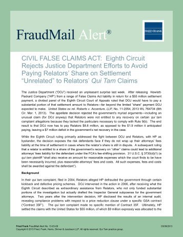 CIVIL FALSE CLAIMS ACT: Eighth Circuit Rejects ... - Fried Frank
