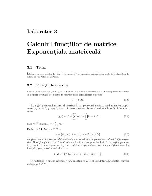 Calculul functiilor de matrice Exponentiala matricealË˜a