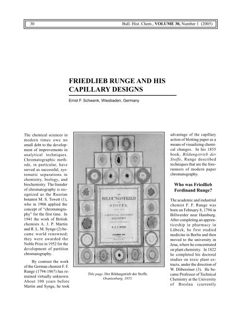 FRIEDLIEB RUNGE AND HIS CAPILLARY DESIGNS