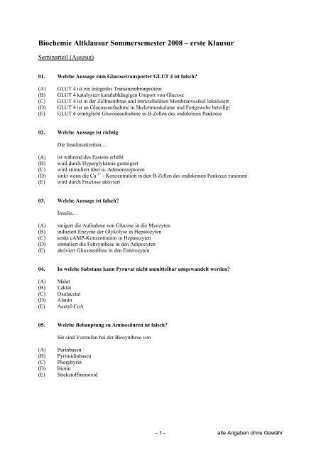 Biochemie Altklausur Wintersemester 07/08 erste Klausur