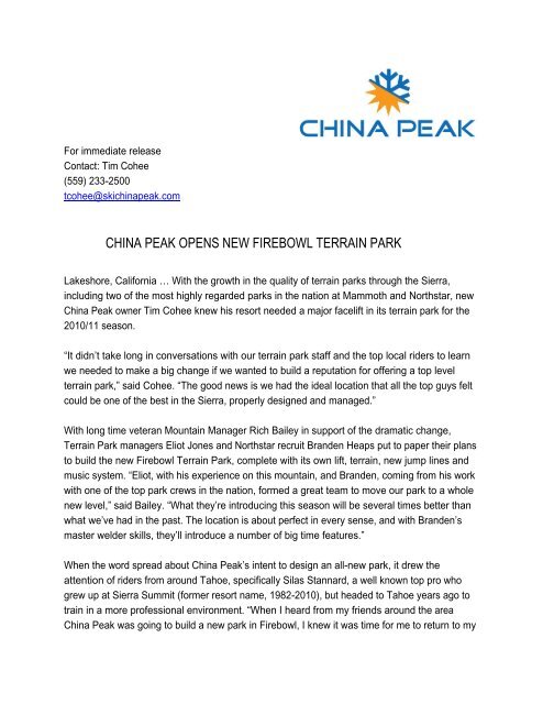 New Terrain Park - China Peak Mountain Resort