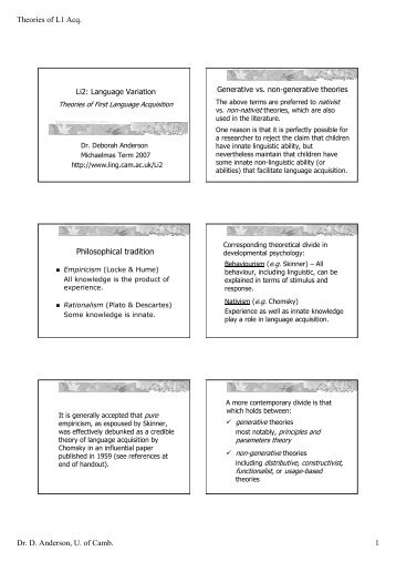 Theories of L1 Acq. Dr. D. Anderson, U. of Camb. 1 ... - Ling.cam.ac.uk