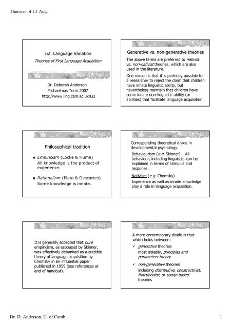 Theories of L1 Acq. Dr. D. Anderson, U. of Camb. 1 ... - Ling.cam.ac.uk