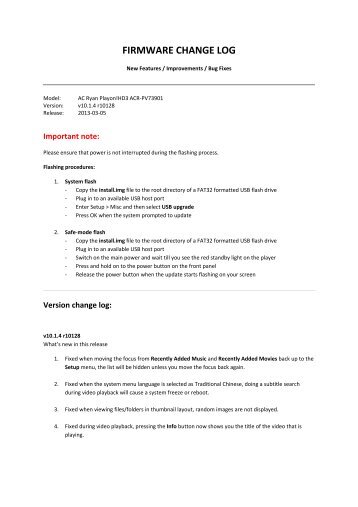 FIRMWARE CHANGE LOG - AC Ryan