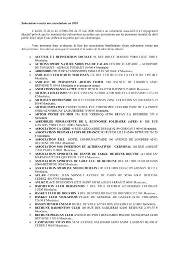 Subventions versÃ©es aux associations en 2010 L ... - Artois Comm.