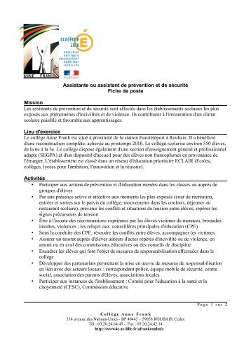 Assistante ou assistant de prÃ©vention et de sÃ©curitÃ© Fiche de poste ...