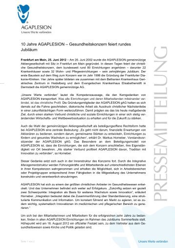 10 Jahre AGAPLESION â€“ Gesundheitskonzern ... - AGAPLESION gAG